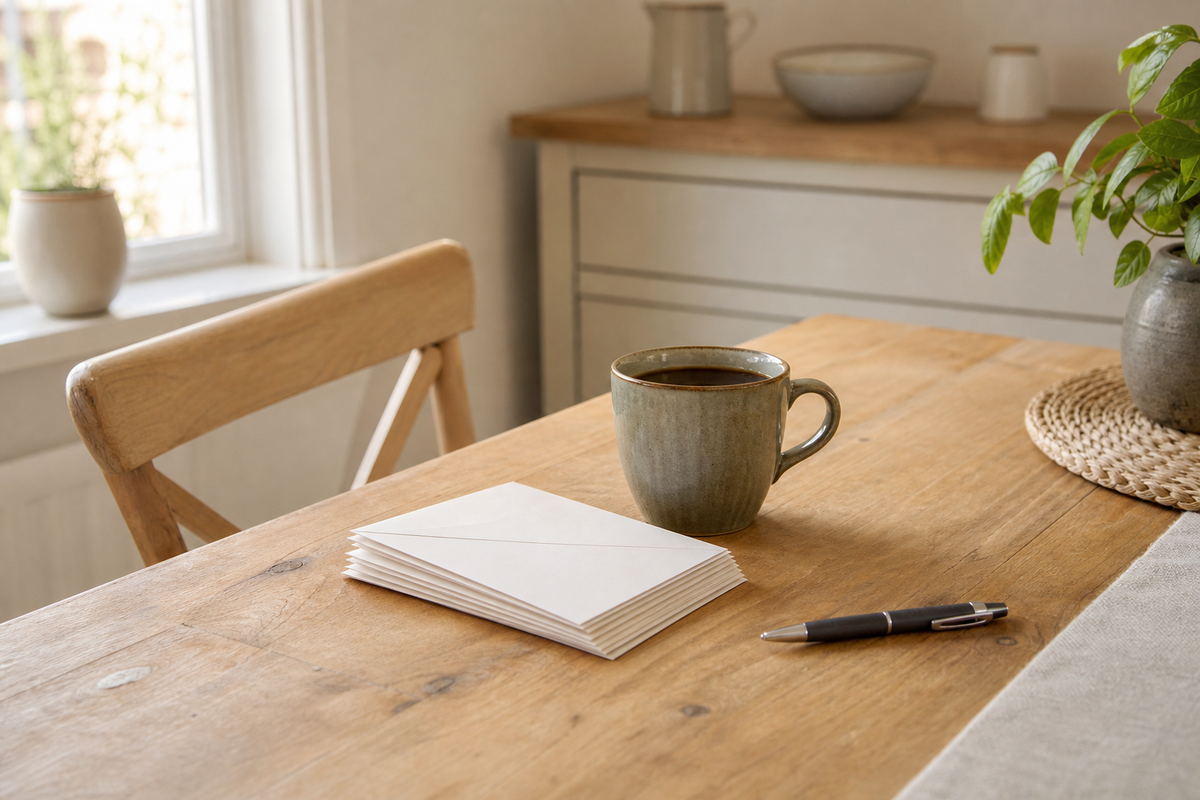 Stack of envelopes, mug, and pen on kitchen table