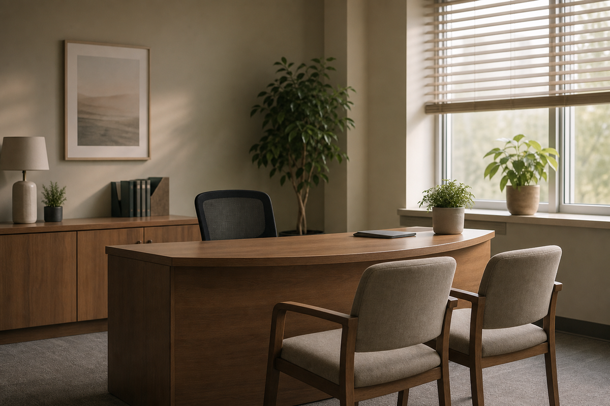 Office desk, two chairs, potted plant, blinds letting in light