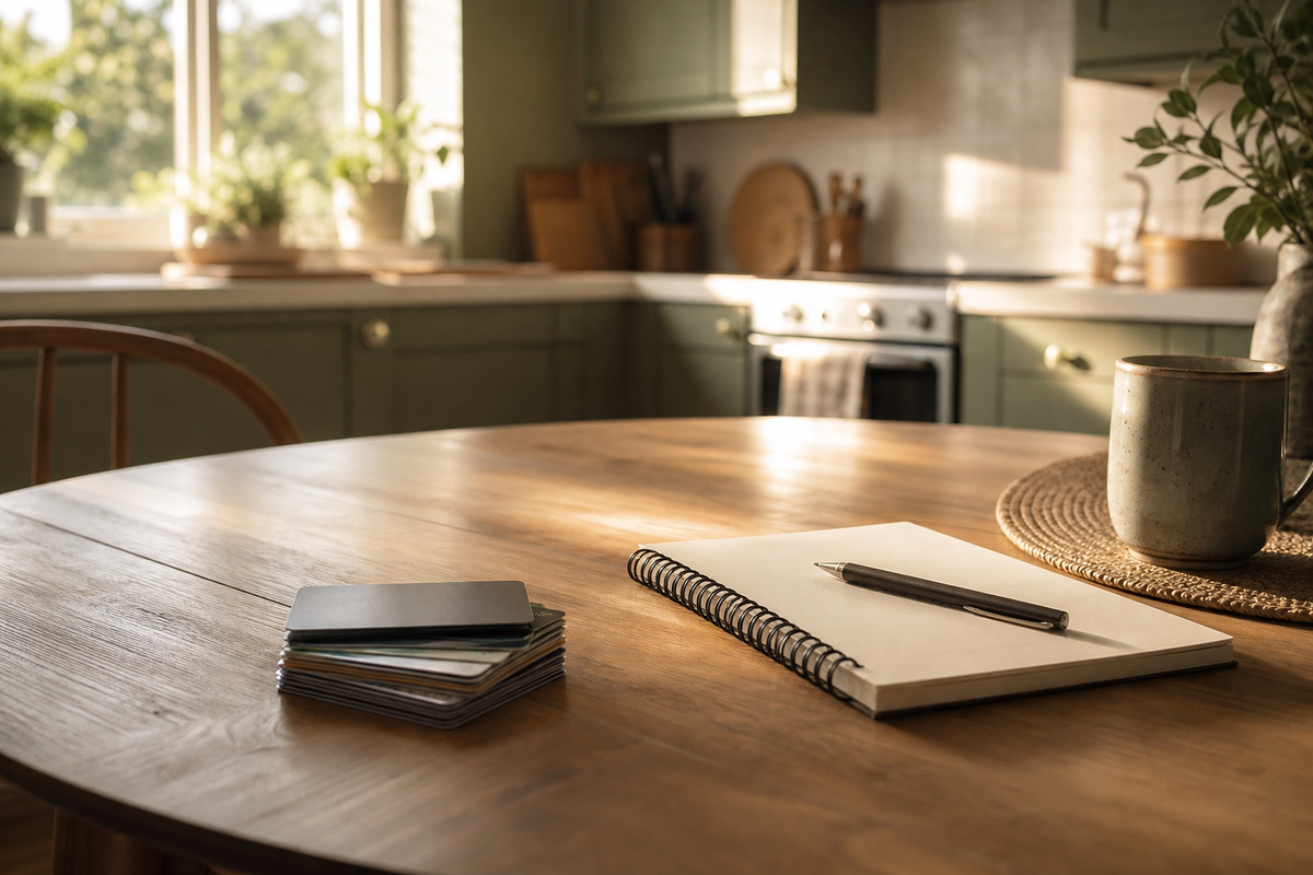 Plastic cards, notebook, and pen on a kitchen table.