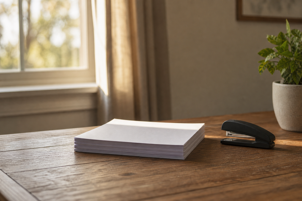 Stack of papers squared on table beside a stapler