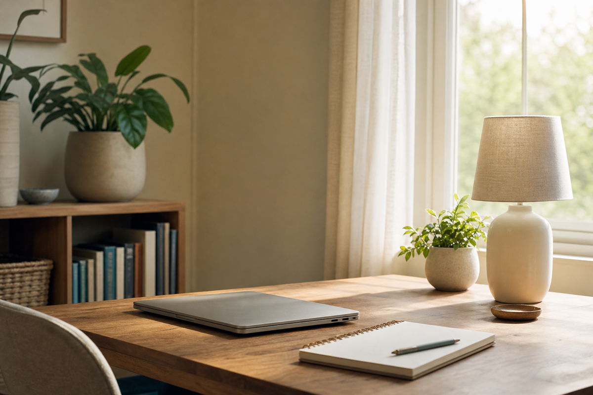 Closed laptop, lamp, and notepad on a home desk