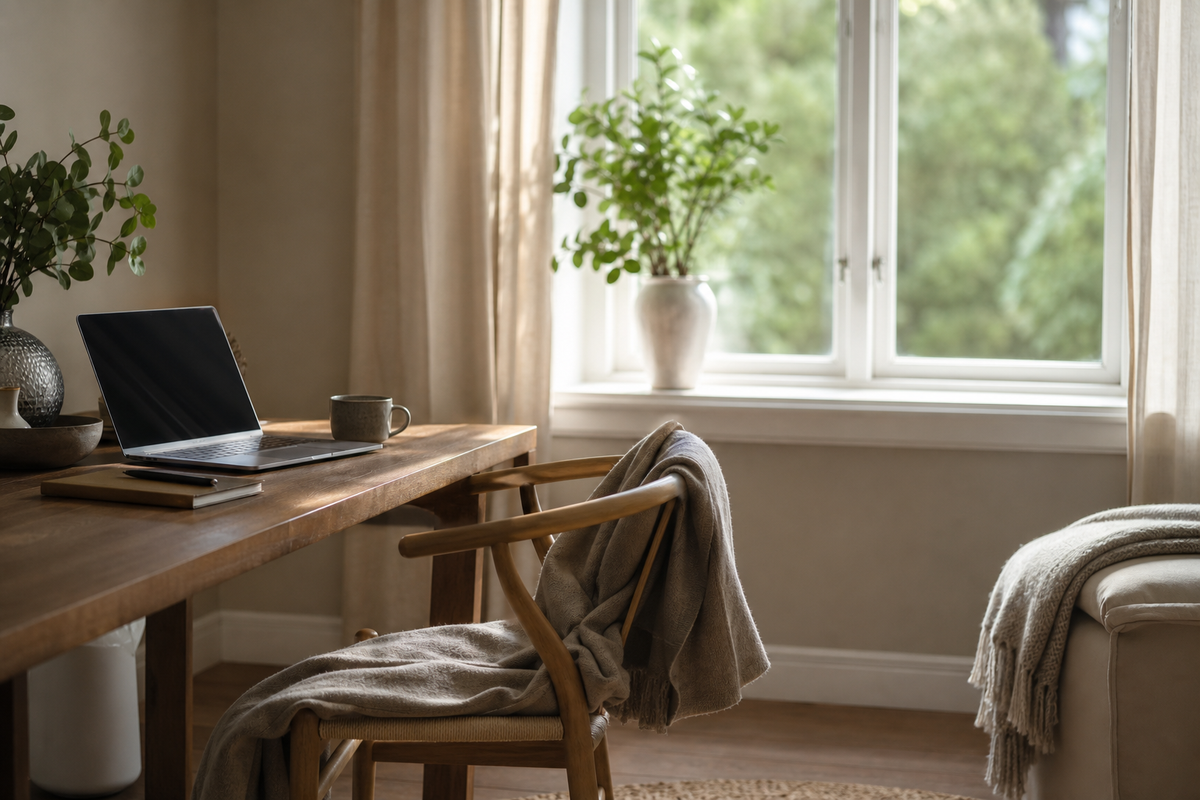 A desk chair beside an open laptop near a window.