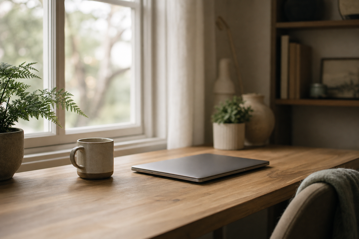 Wooden desk with closed laptop, mug, and small potted plant