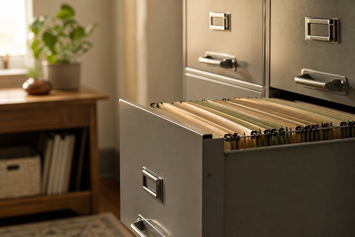 An open file drawer with evenly spaced hanging folders.