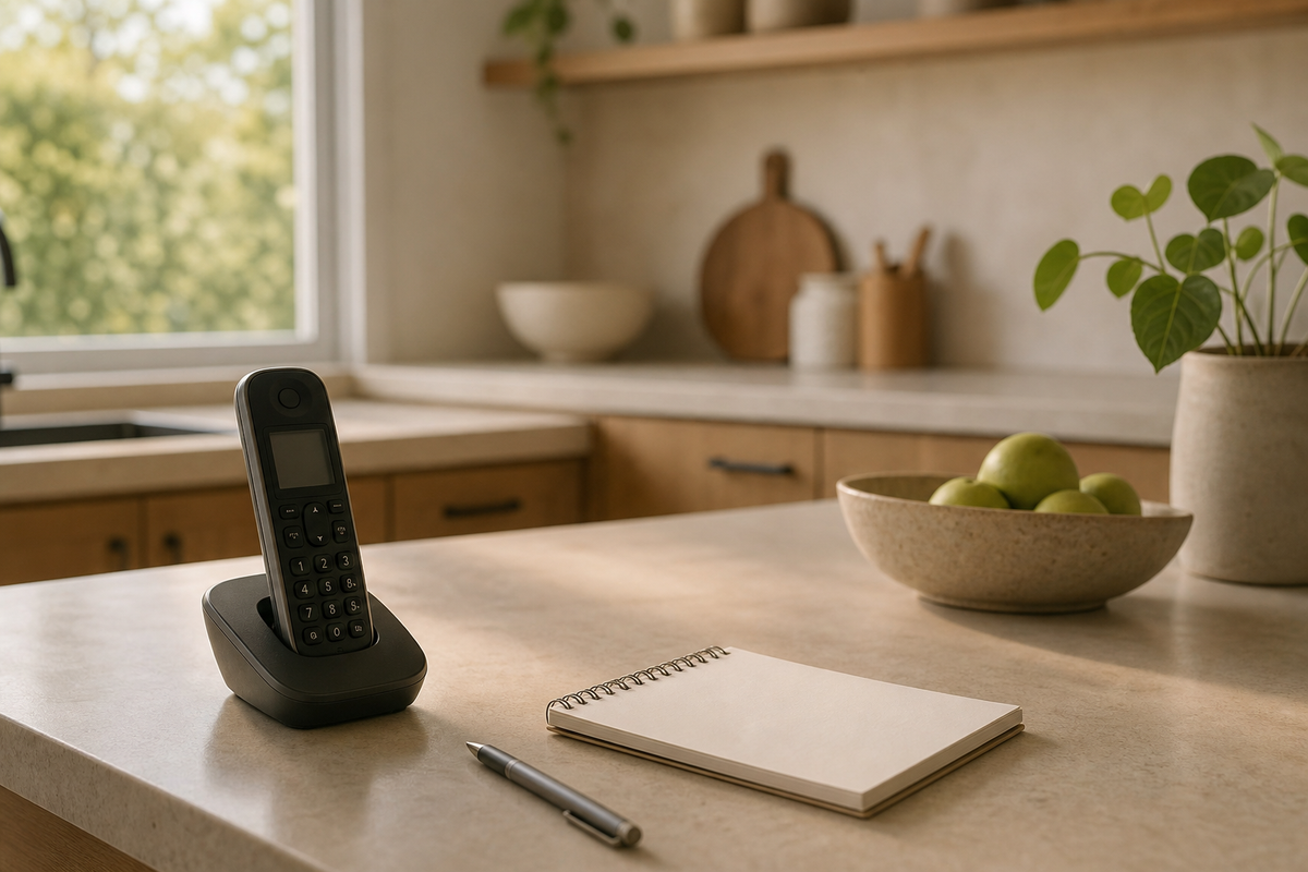 Cordless phone on counter beside a blank notepad.