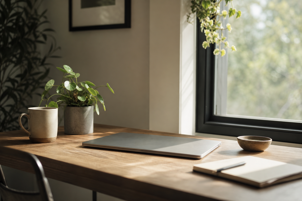 Empty desk with laptop, mug, and small plant near window.
