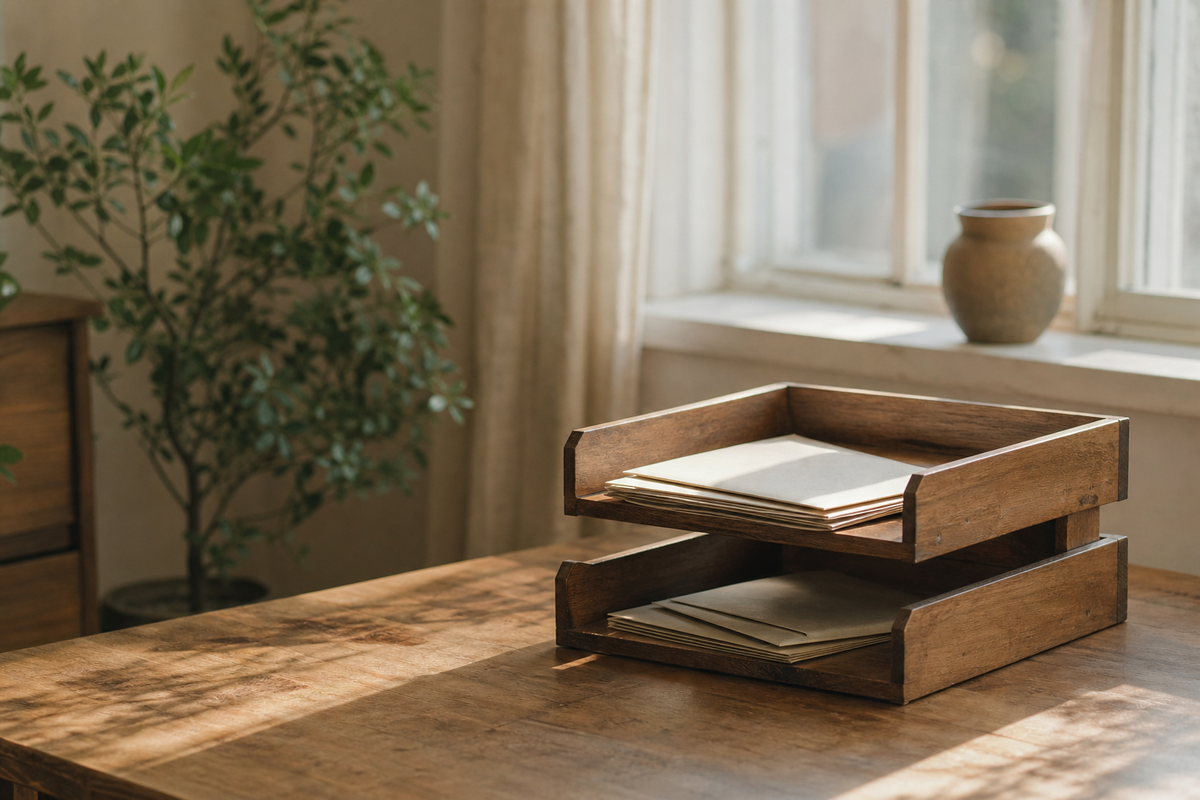 Two-tier wooden tray with plain envelopes on a sunlit table.