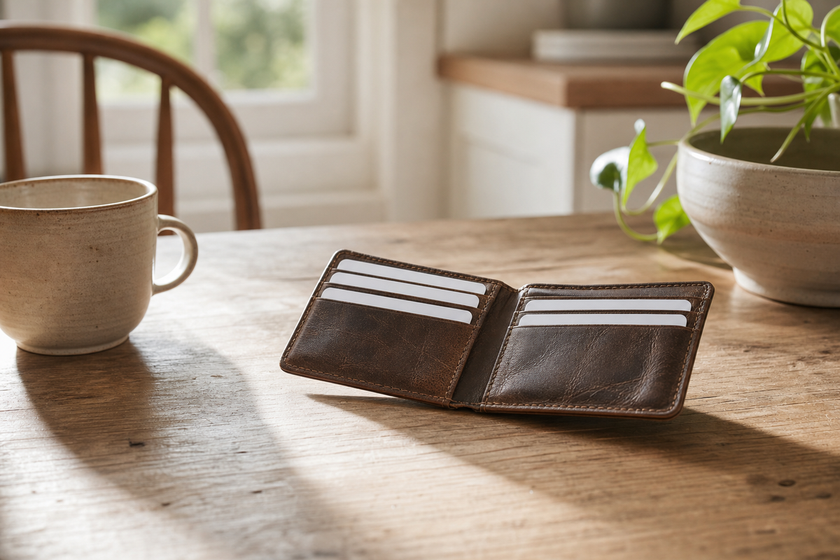 Open wallet with blank cards on a wooden table