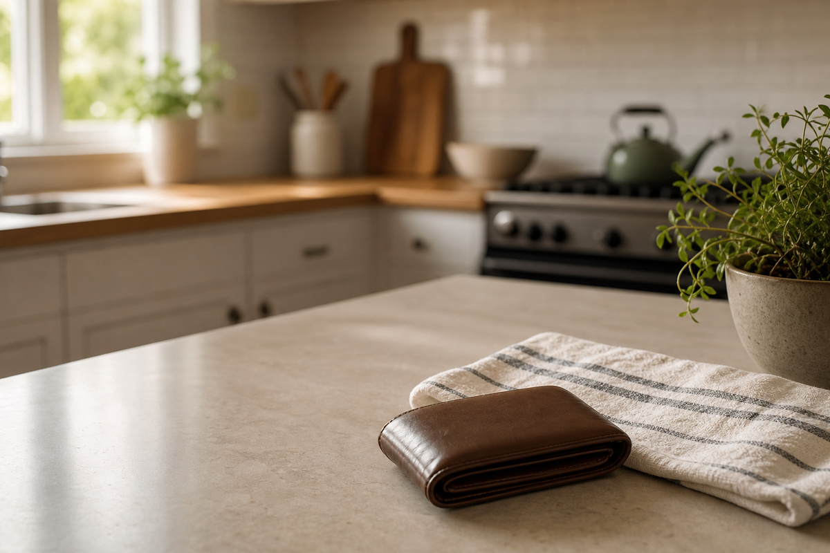 Closed wallet on kitchen counter beside folded dish towel.