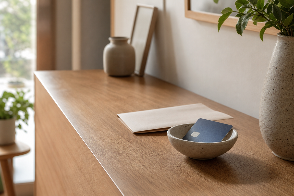 A credit card in a ceramic dish beside a folded paper on a counter.