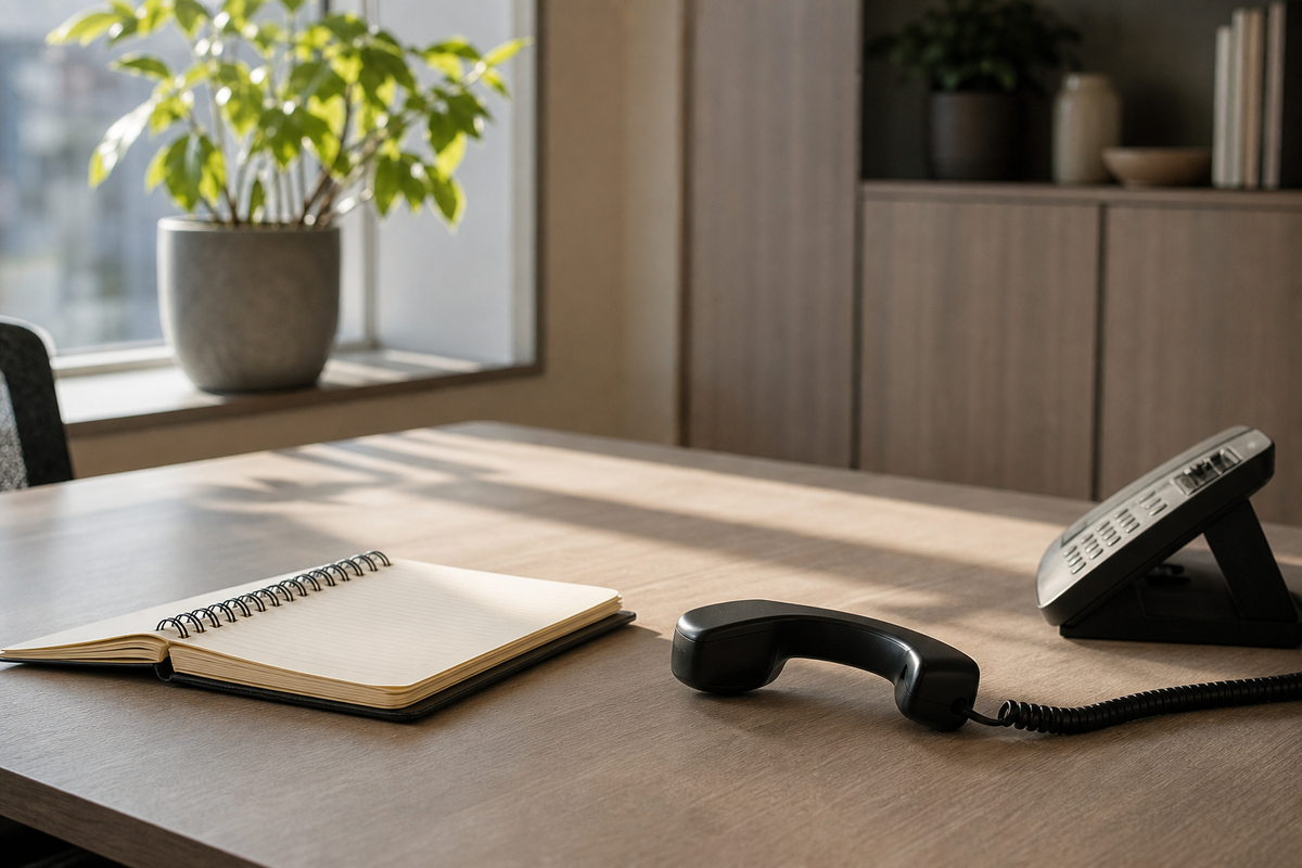 Telephone handset off its cradle beside an open notepad on desk