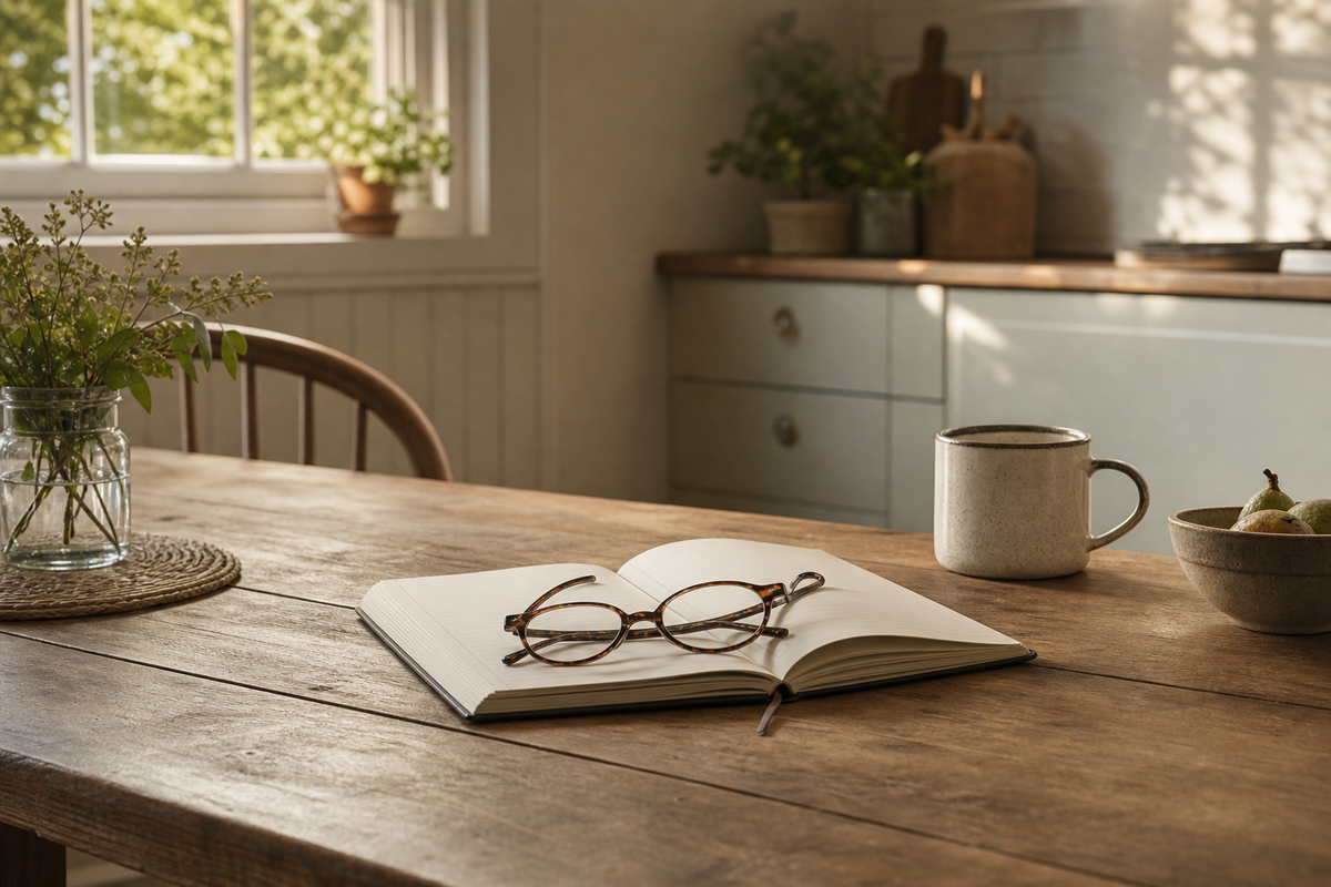 Reading glasses resting on an open notebook on a wooden table.