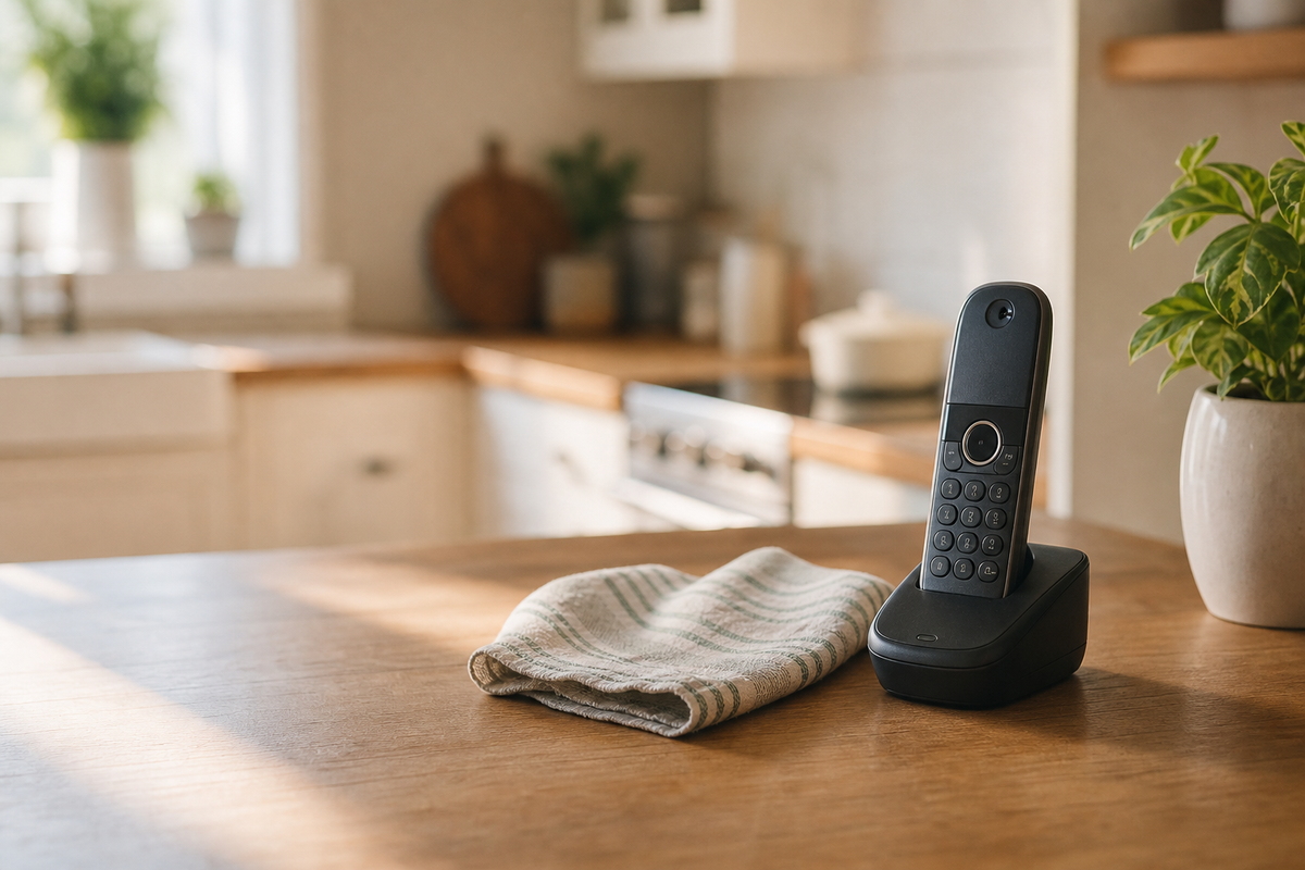 Cordless phone in cradle on kitchen counter near window