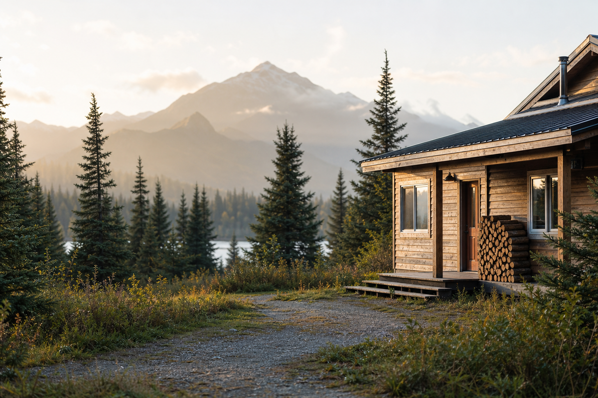 Wood-sided house, stacked firewood, spruce trees, mountains, morning light