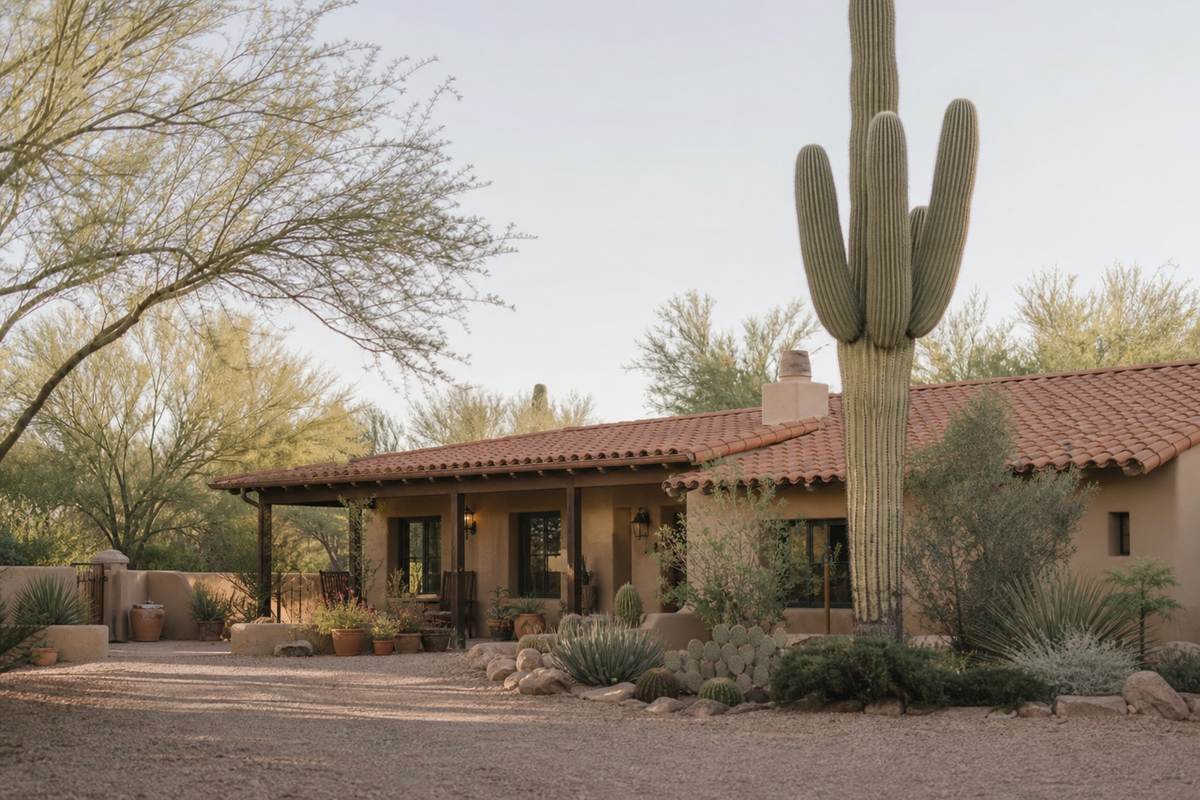 Adobe house with tile roof and saguaro cactus in yard.
