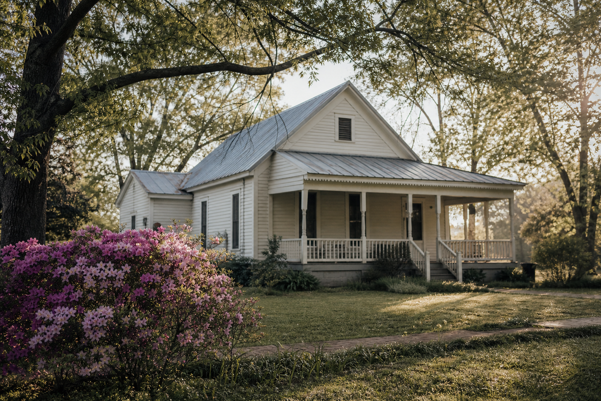 Small Arkansas house with tin roof, porch, and blooming azalea bush.