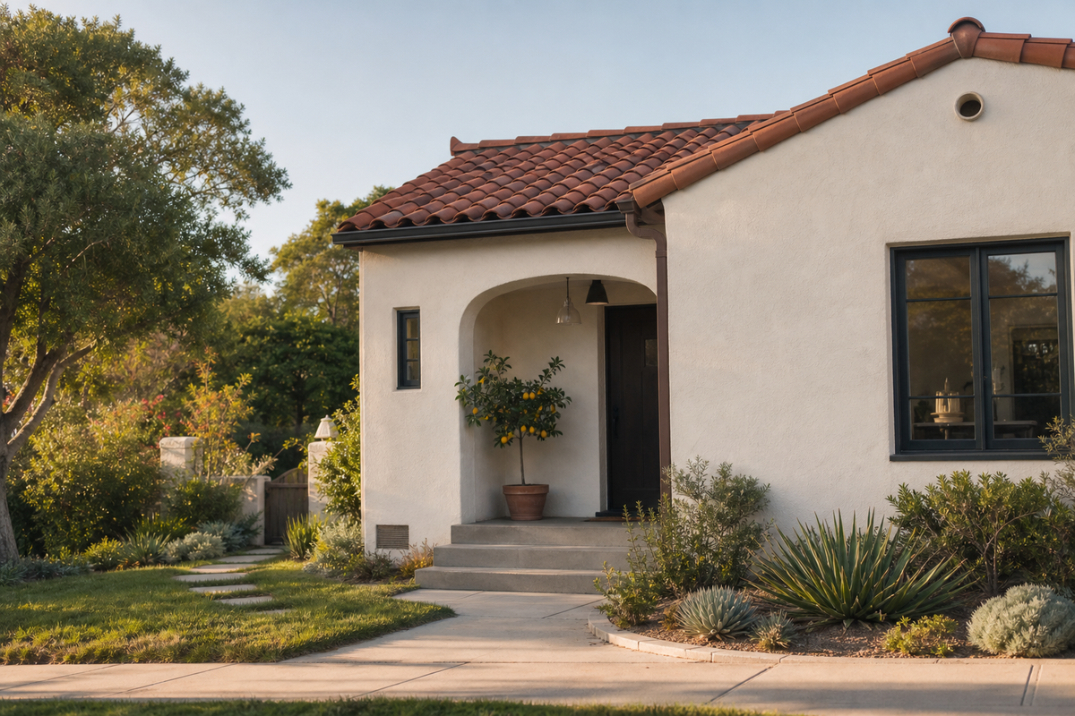 Stucco house, tile roof, potted lemon tree near door
