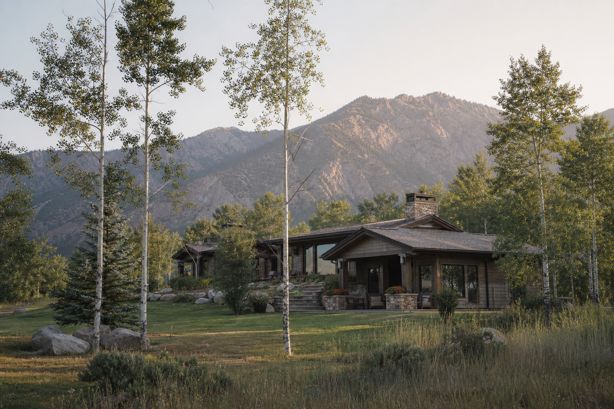 Ranch house with stone chimney, aspen trees, mountains behind, morning light.