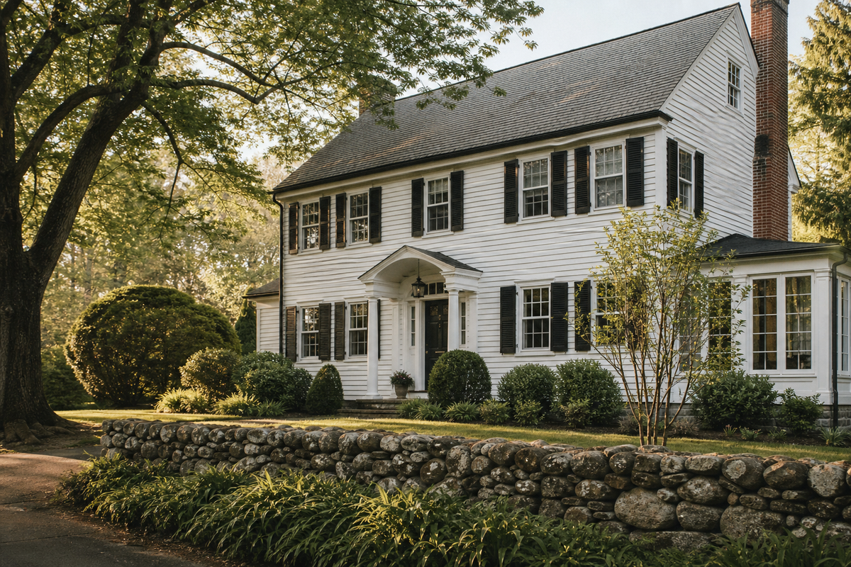 White clapboard house, black shutters, stone wall, morning light.
