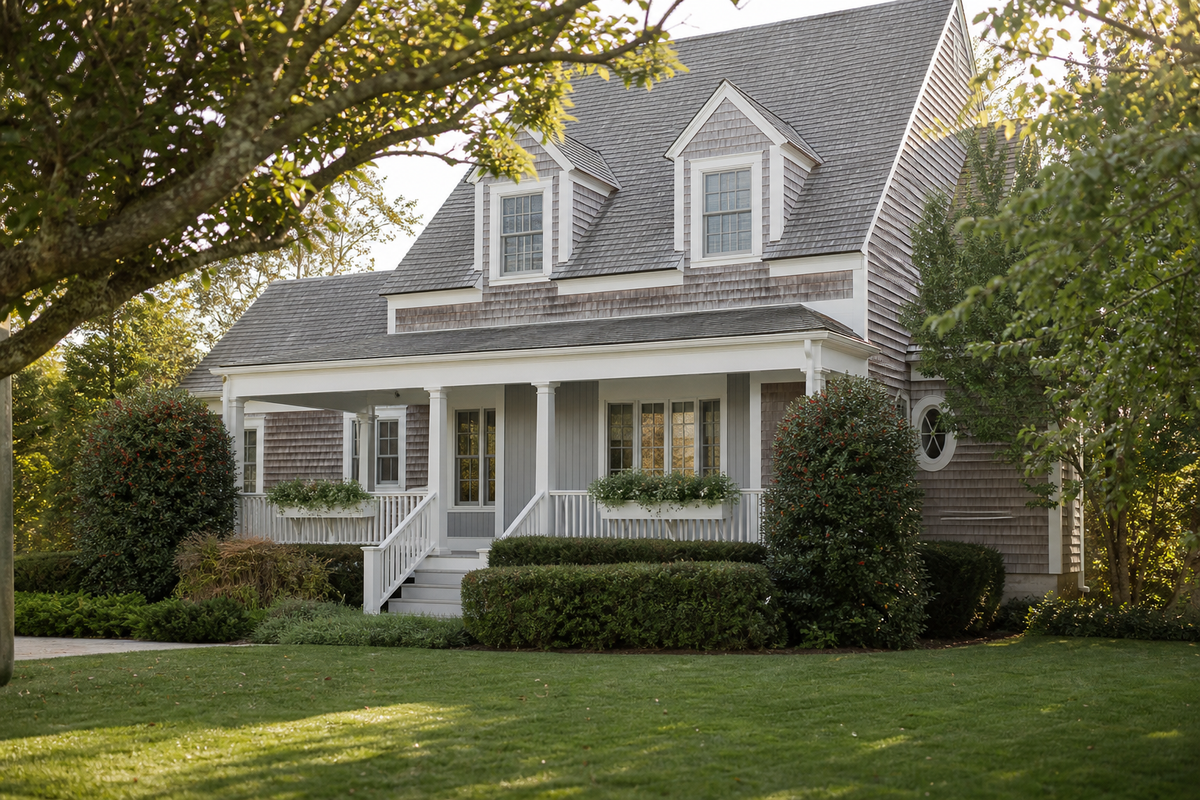 A shingled Delaware house with a covered porch and window boxes.