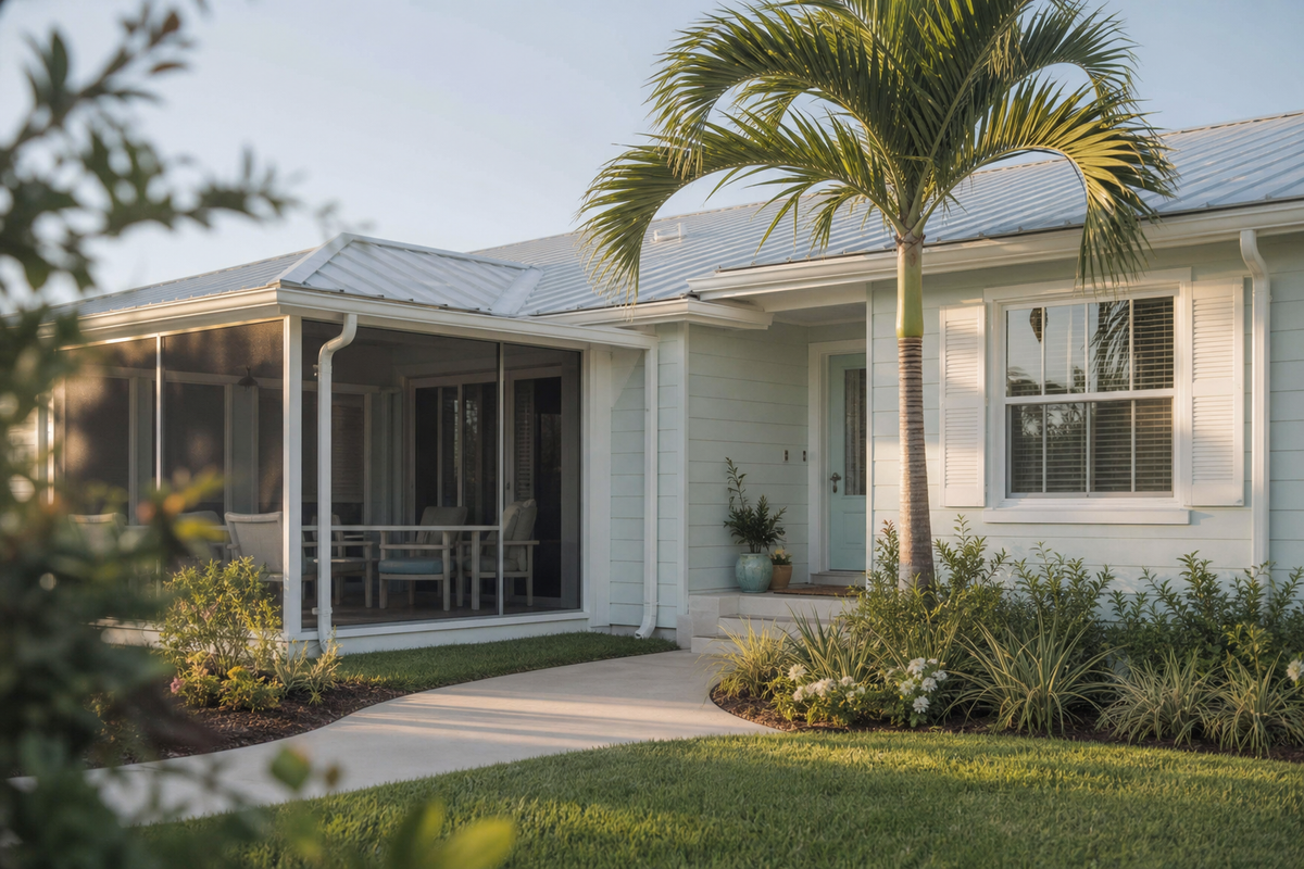 Pastel Florida house with screened lanai and palm tree.
