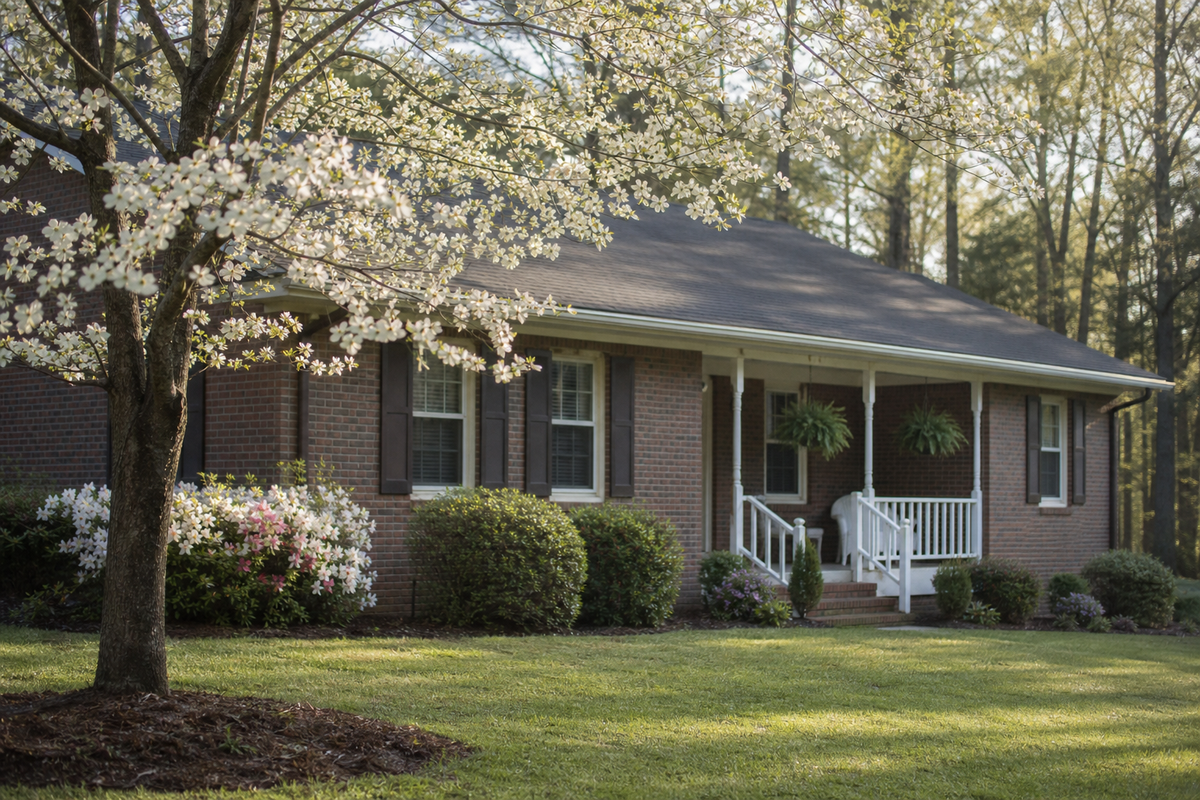 Brick ranch house with porch and dogwood tree in yard.