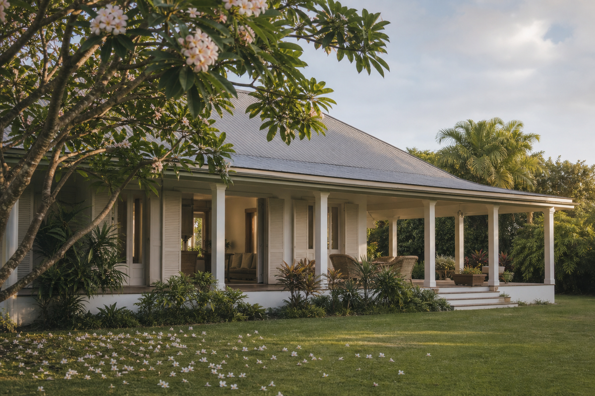 Hawaii plantation home with covered lanai and plumeria tree, tin roof.
