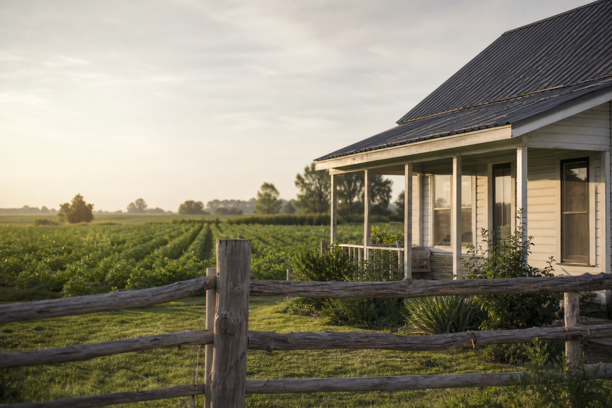 Idaho farmhouse with covered porch, log fence, and open fields.