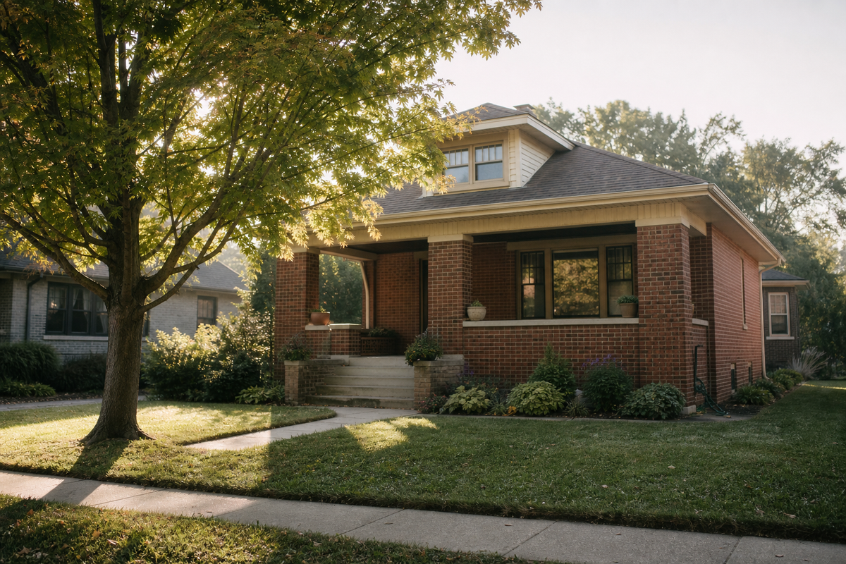 Brick bungalow with covered porch and maple tree in yard.