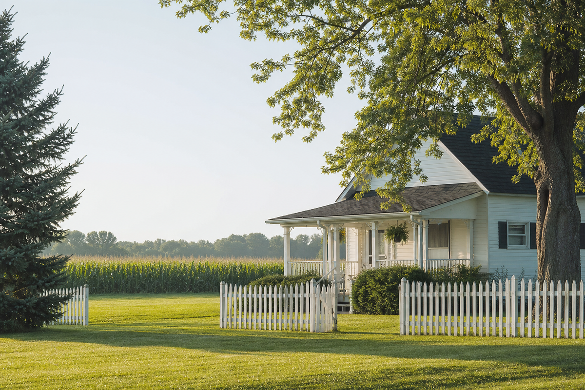 Farmhouse with covered porch, picket fence, cornfield behind, morning light.
