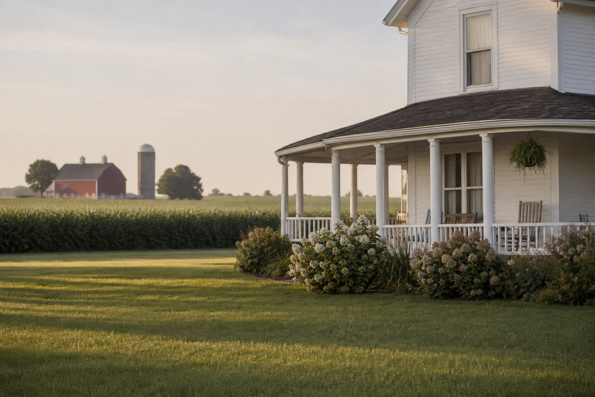 White farmhouse porch, red barn, silo, soybean field, morning light