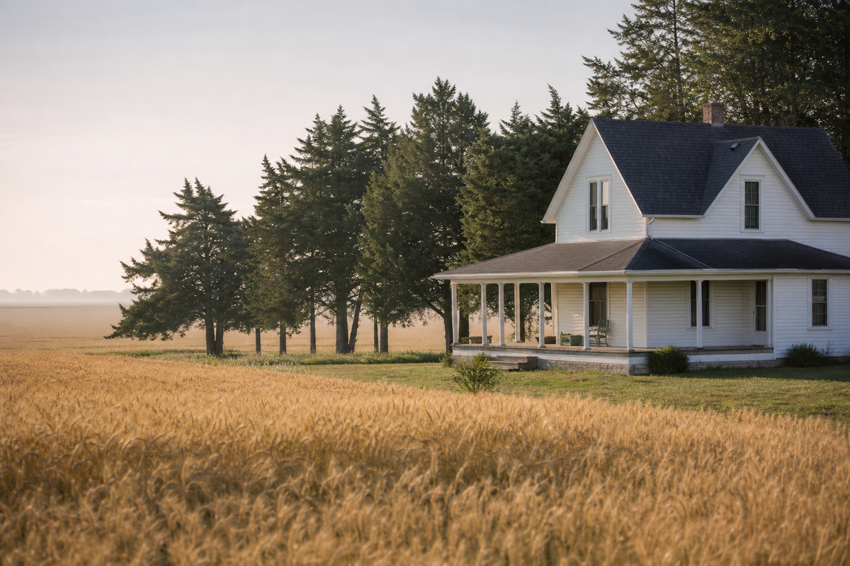 Single-story farmhouse with covered porch beside a wheat field.