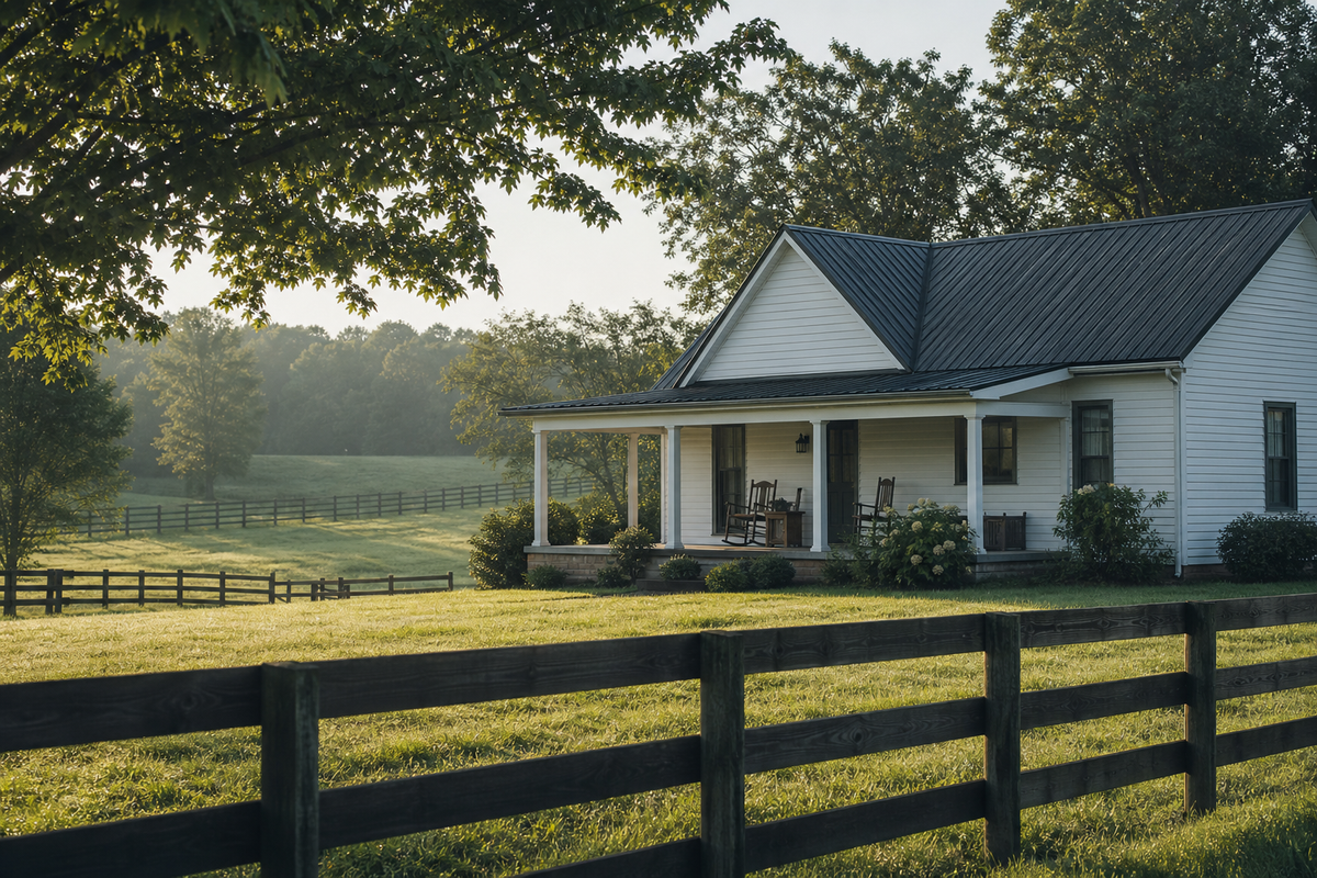 Farmhouse with covered porch beside a wooden horse fence and pasture