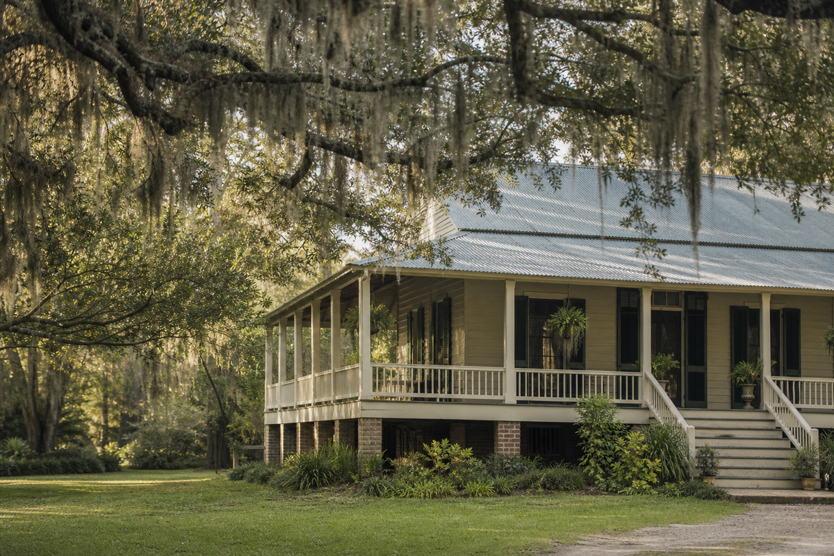 Raised cottage with tin roof and porch under an oak tree