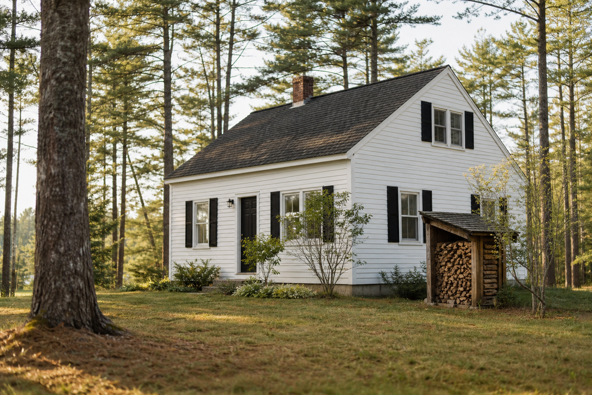 White cape house with woodpile and pines, morning light
