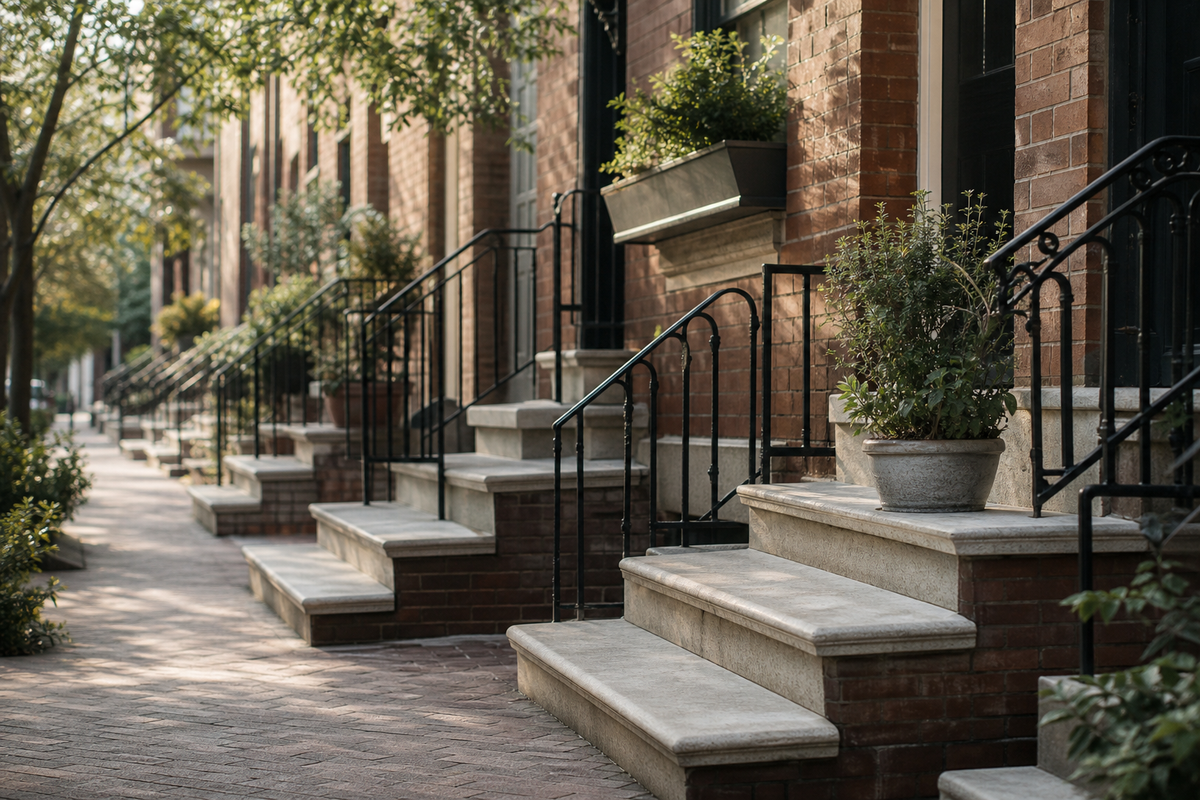 Brick rowhouse steps with white marble treads and a potted plant.