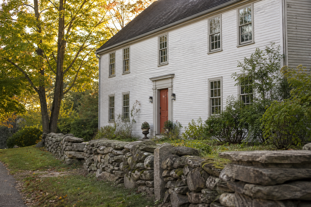 White clapboard colonial house with red door and stone wall