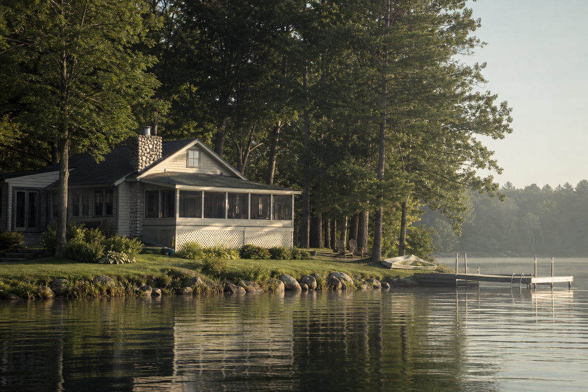 Lake cottage with screened porch and wooden dock, calm water
