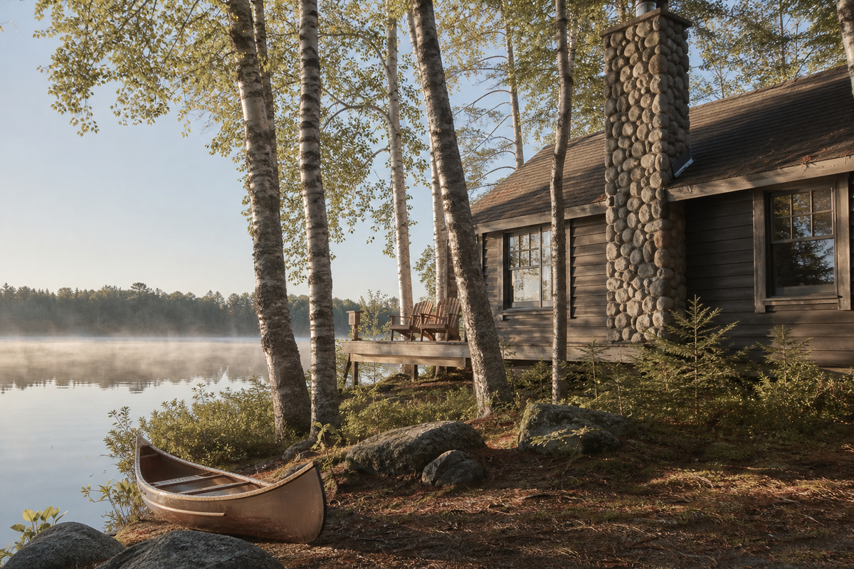 Lake cabin with stone chimney, birch trees, canoe on shore