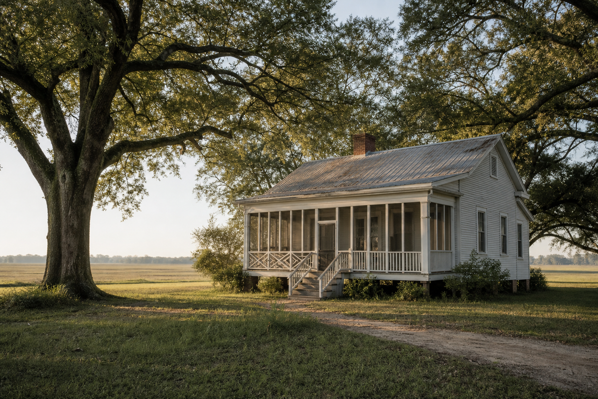 Wood-frame farmhouse with screened porch, pecan trees, flat fields