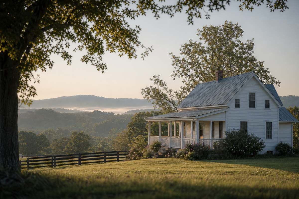 White farmhouse with covered porch, hills in background, morning light.