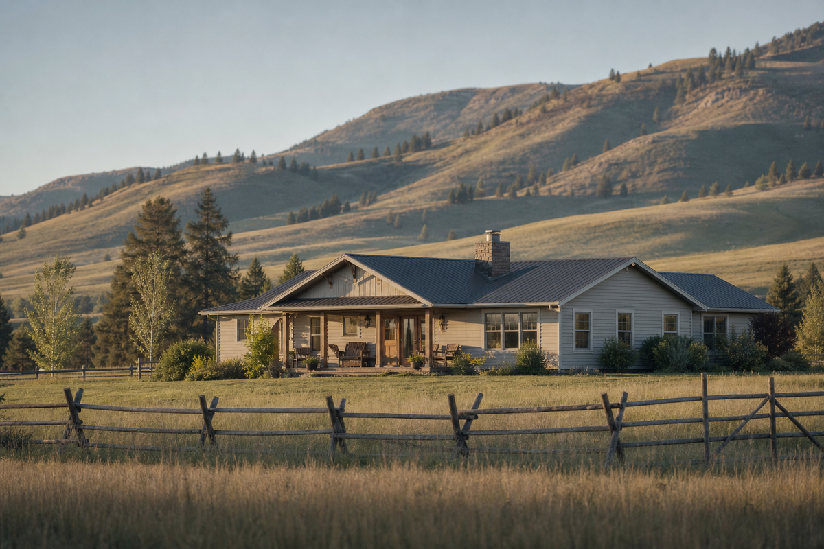 Ranch house with covered porch, fence, and mountains behind it.