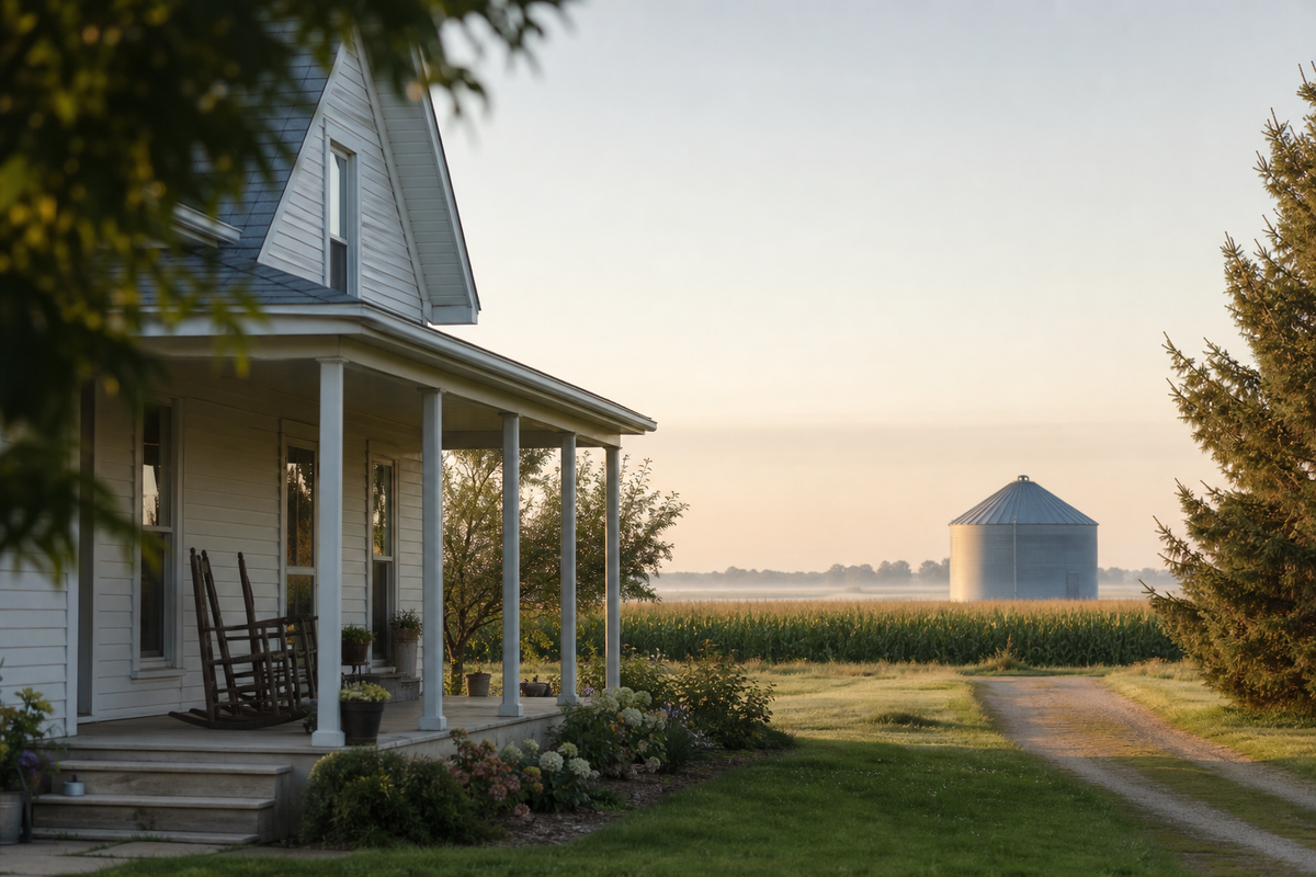 White farmhouse porch, distant silo, flat cornfield, morning light.