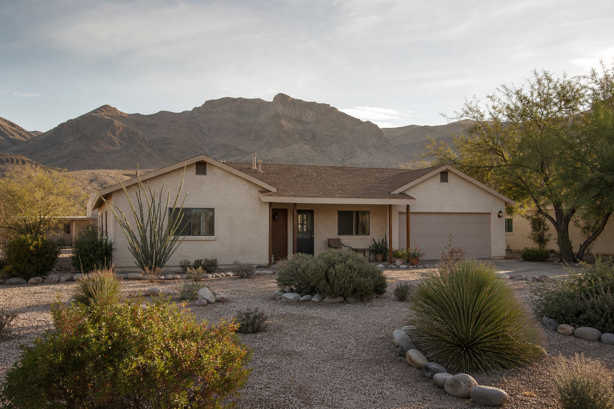 Single-story desert house with gravel yard and distant mountains.
