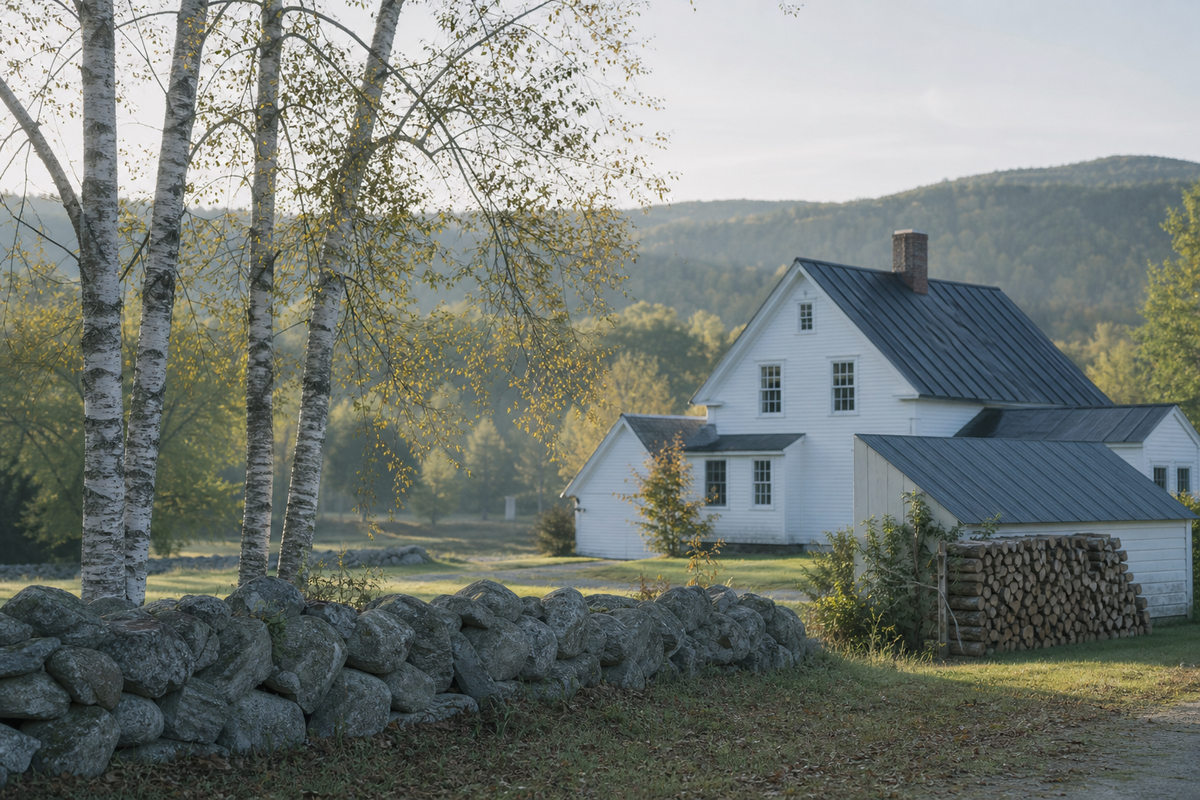 White farmhouse, stone wall, firewood stack, birch trees, hills.