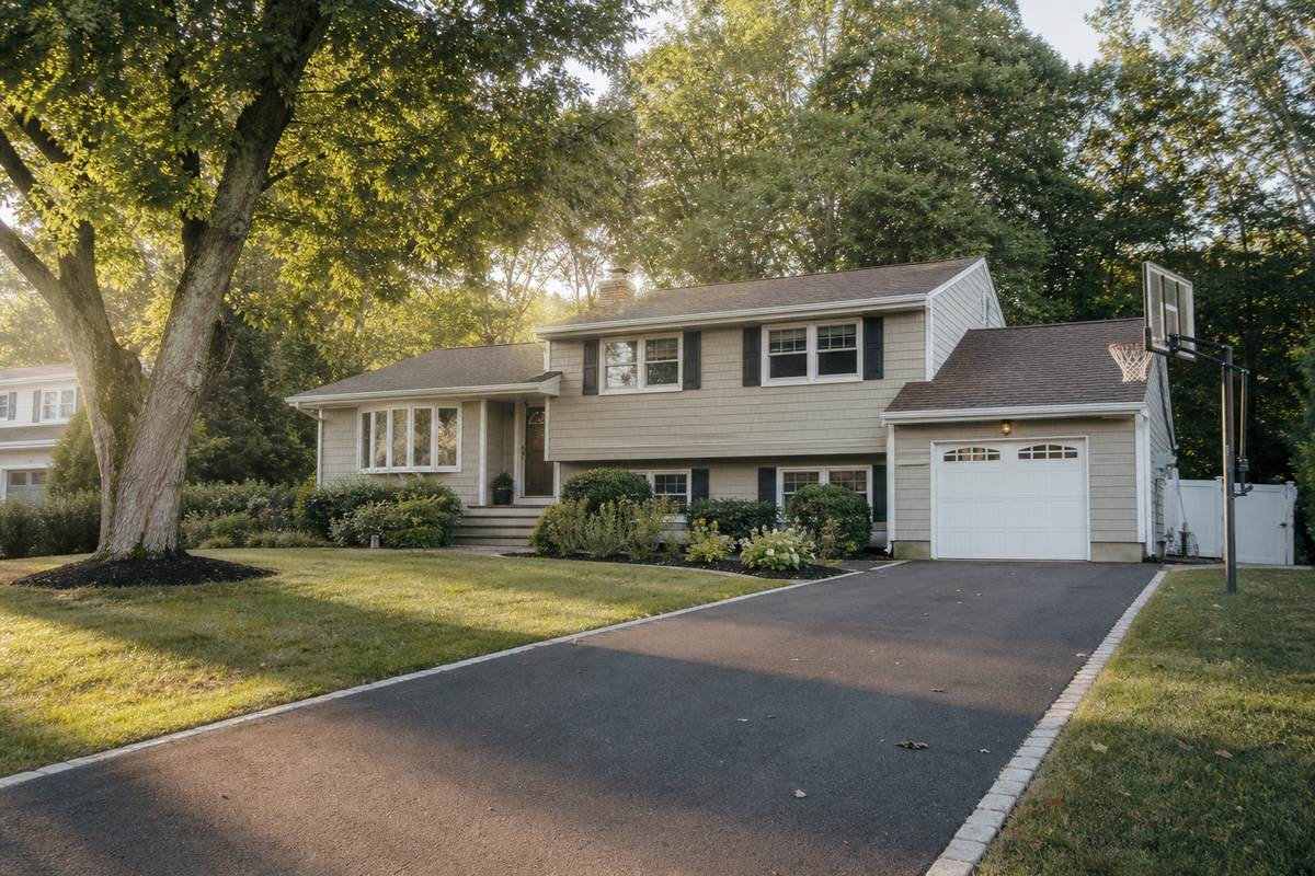 Suburban split-level house with driveway and basketball hoop, morning light