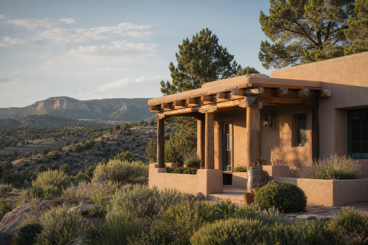 Adobe house with covered porch, wooden beams, piñon trees, mesas behind.