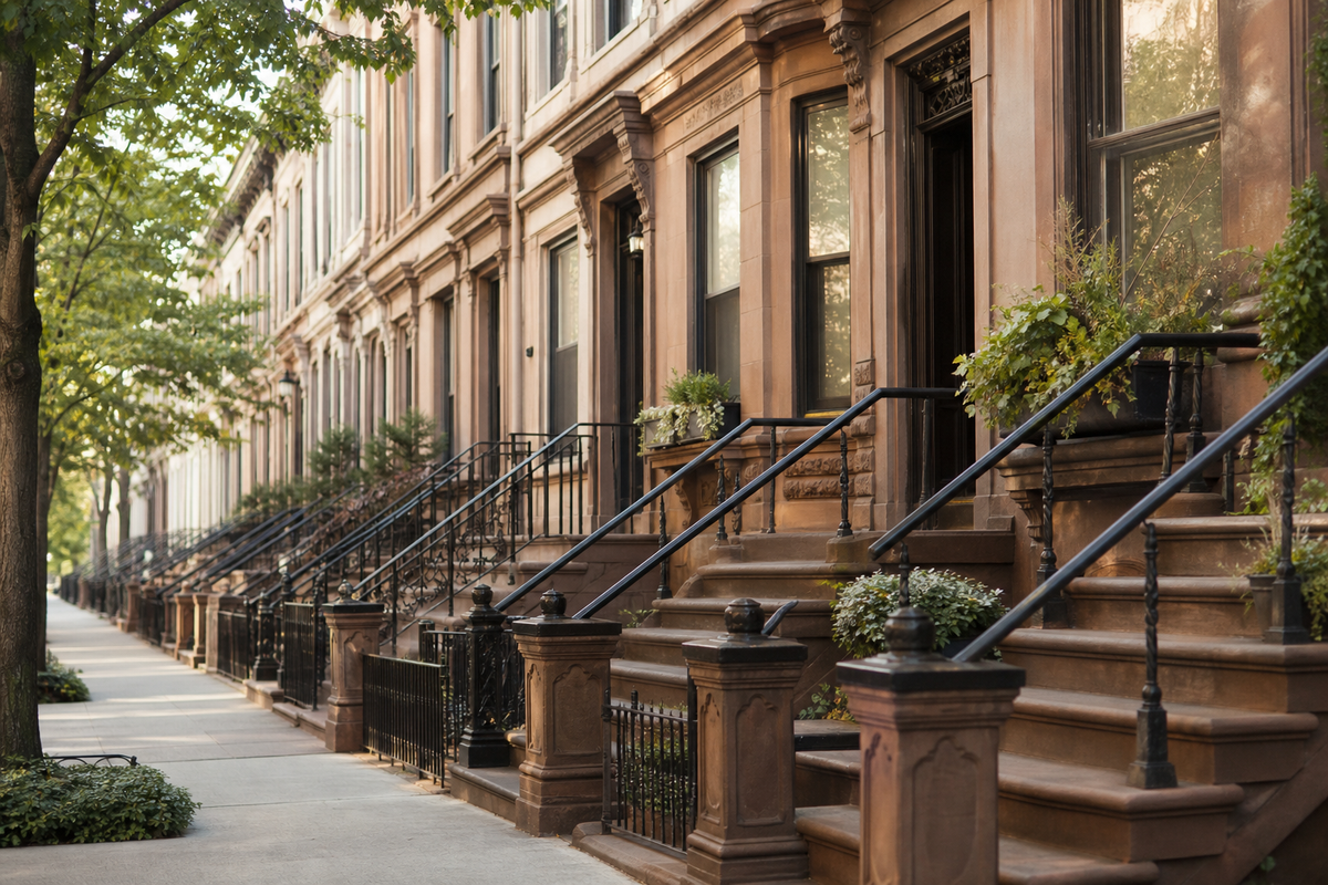 Brick brownstone stoops with iron railings on a quiet street.