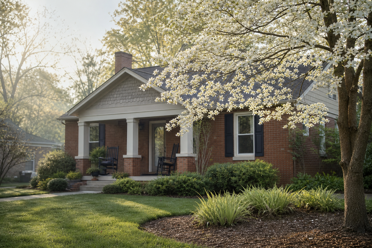 Brick bungalow with covered porch, two rocking chairs, dogwood tree