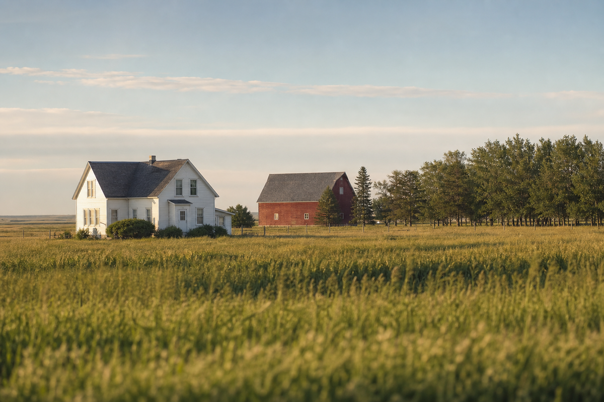 Farmhouse, red barn, tree windbreak, flat prairie, morning light.